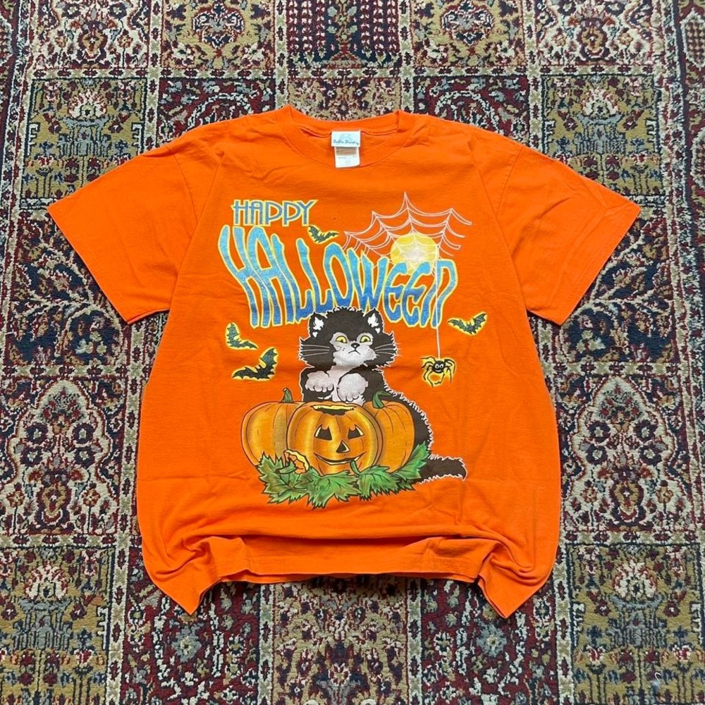 VTG 90s Bobbie‎ Brooks happy halloween black cat pumpkin holiday tee shirt L